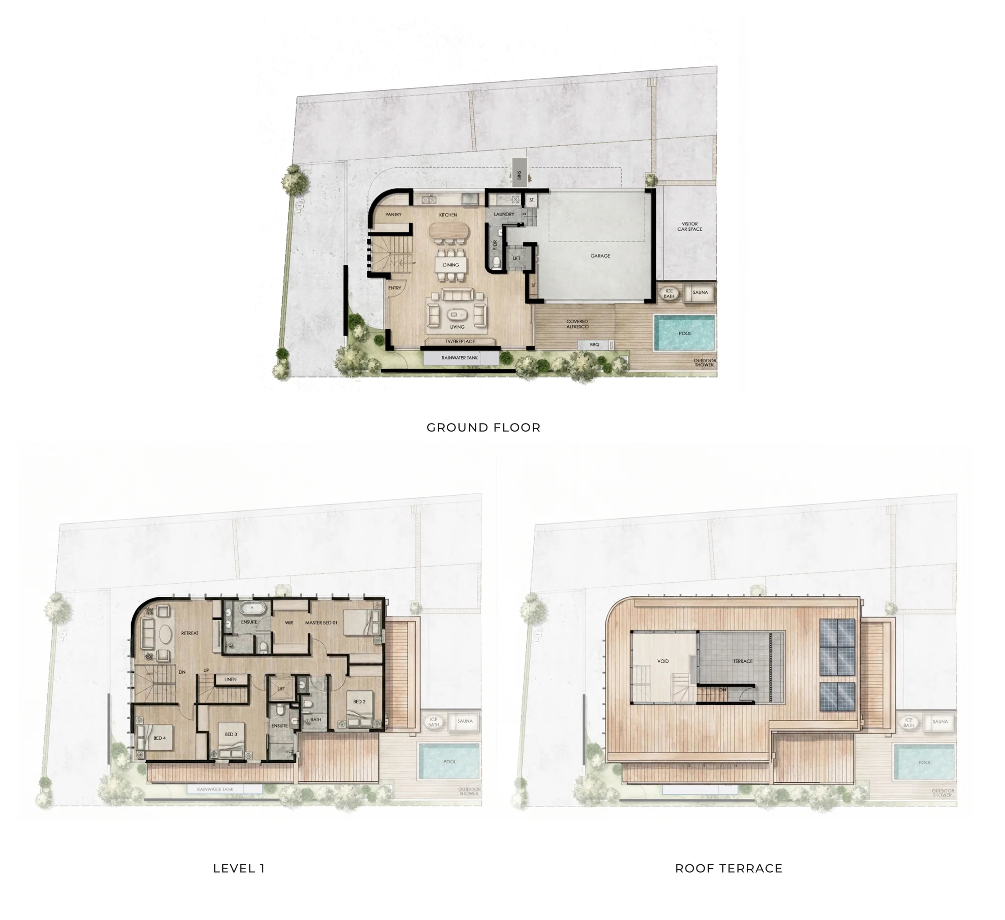 Dwelling 1 floor plans: ground floor, level 1 and roof terrace