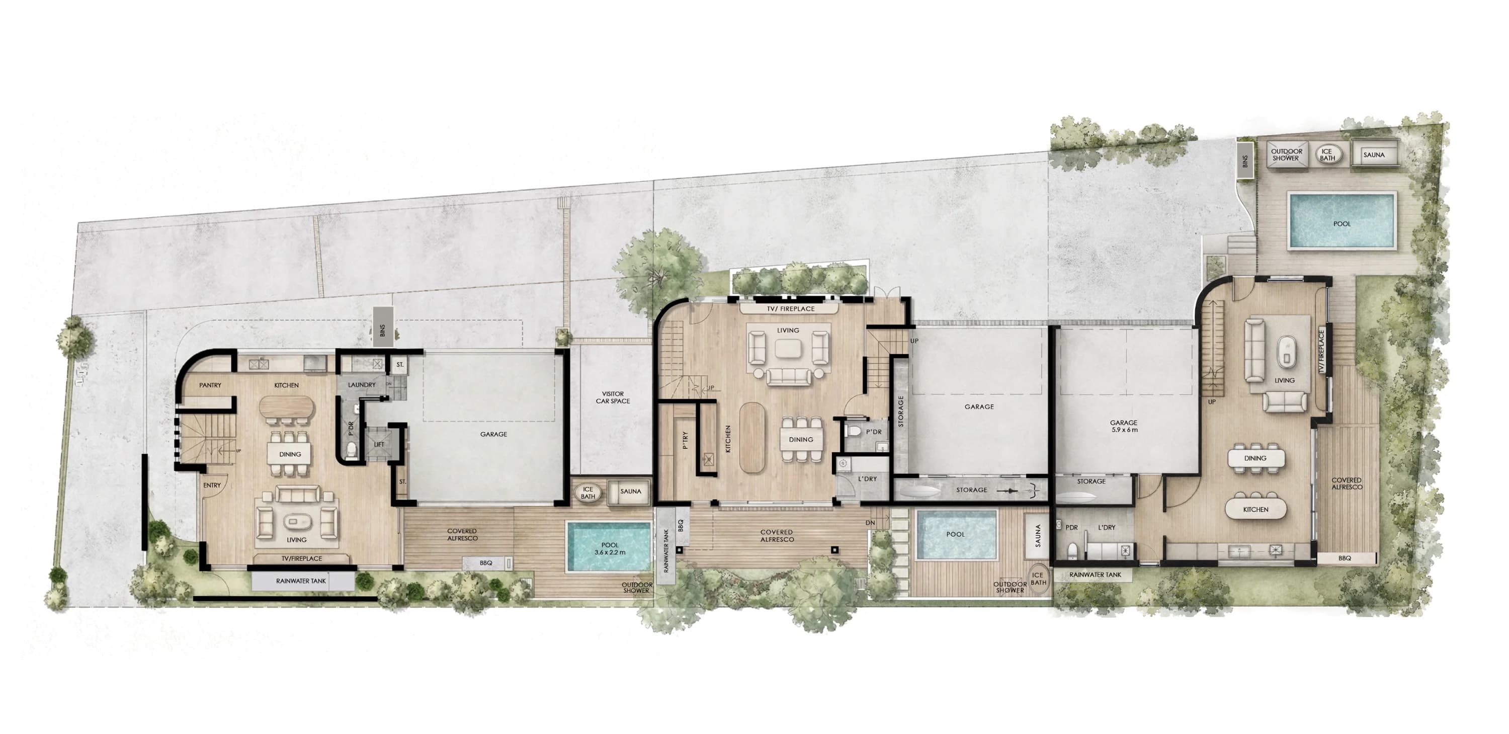 Site plan showing all three Floe dwellings with pools, saunas and courtyards