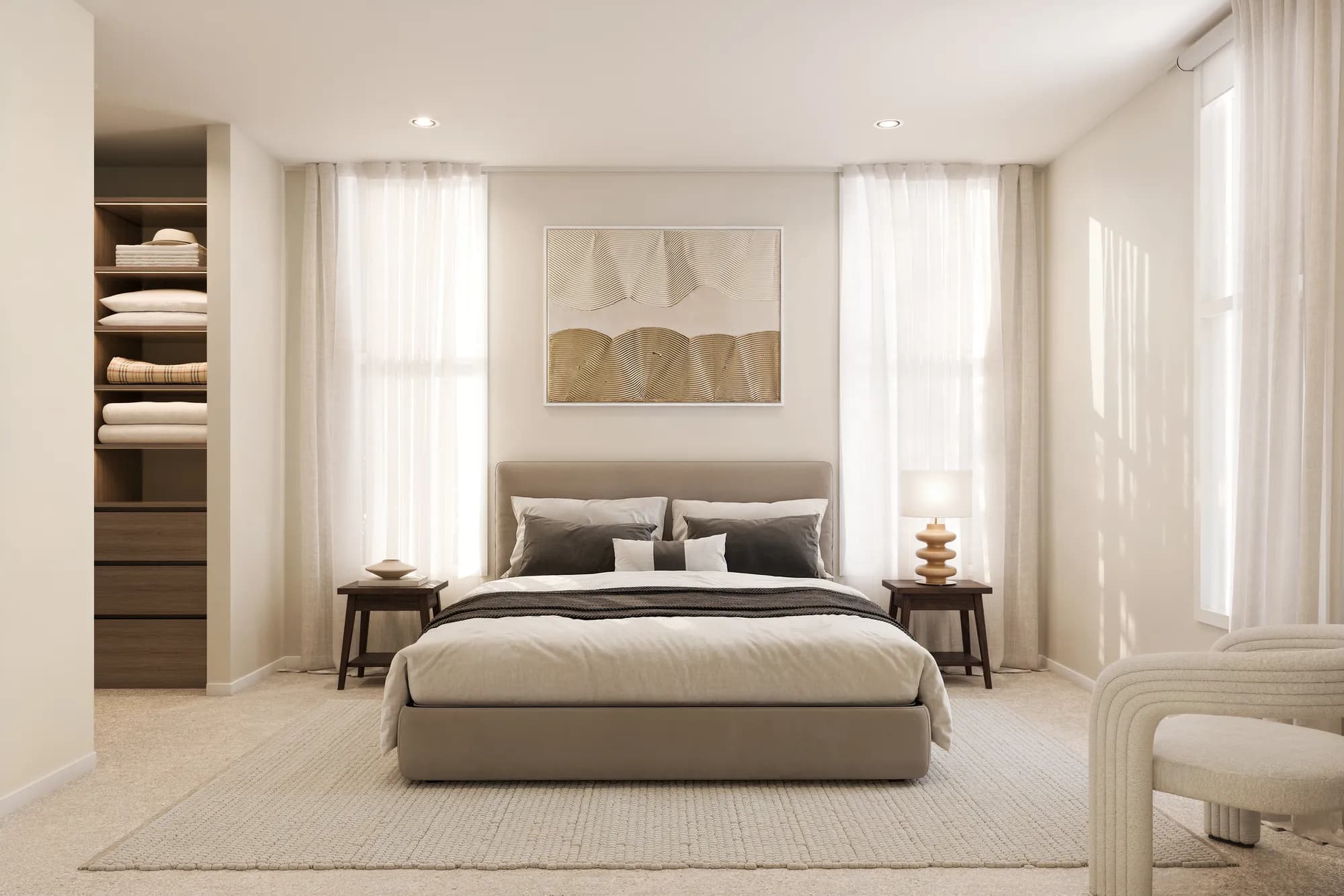 Calm master bedroom with built-in robe and soft natural light