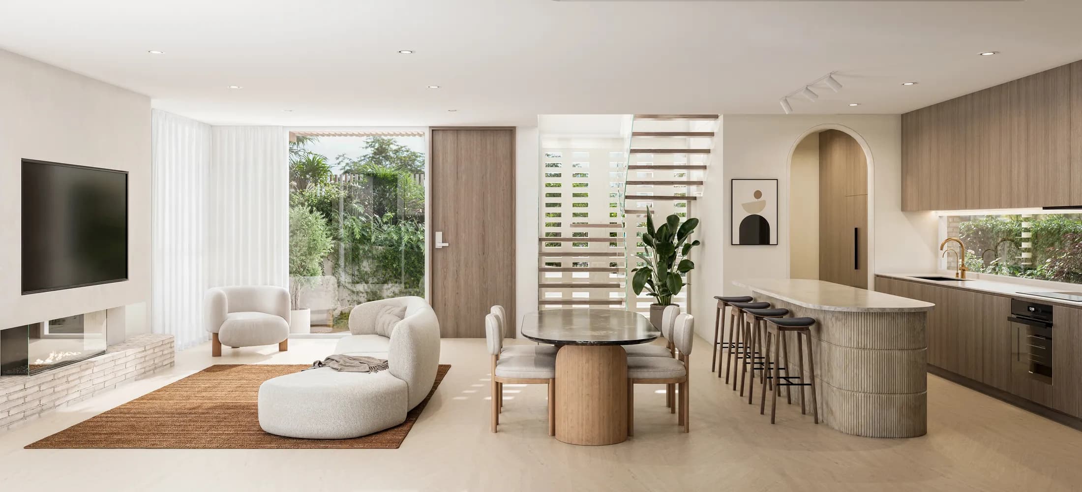 Open-plan kitchen, dining and living with a sculptural fireplace