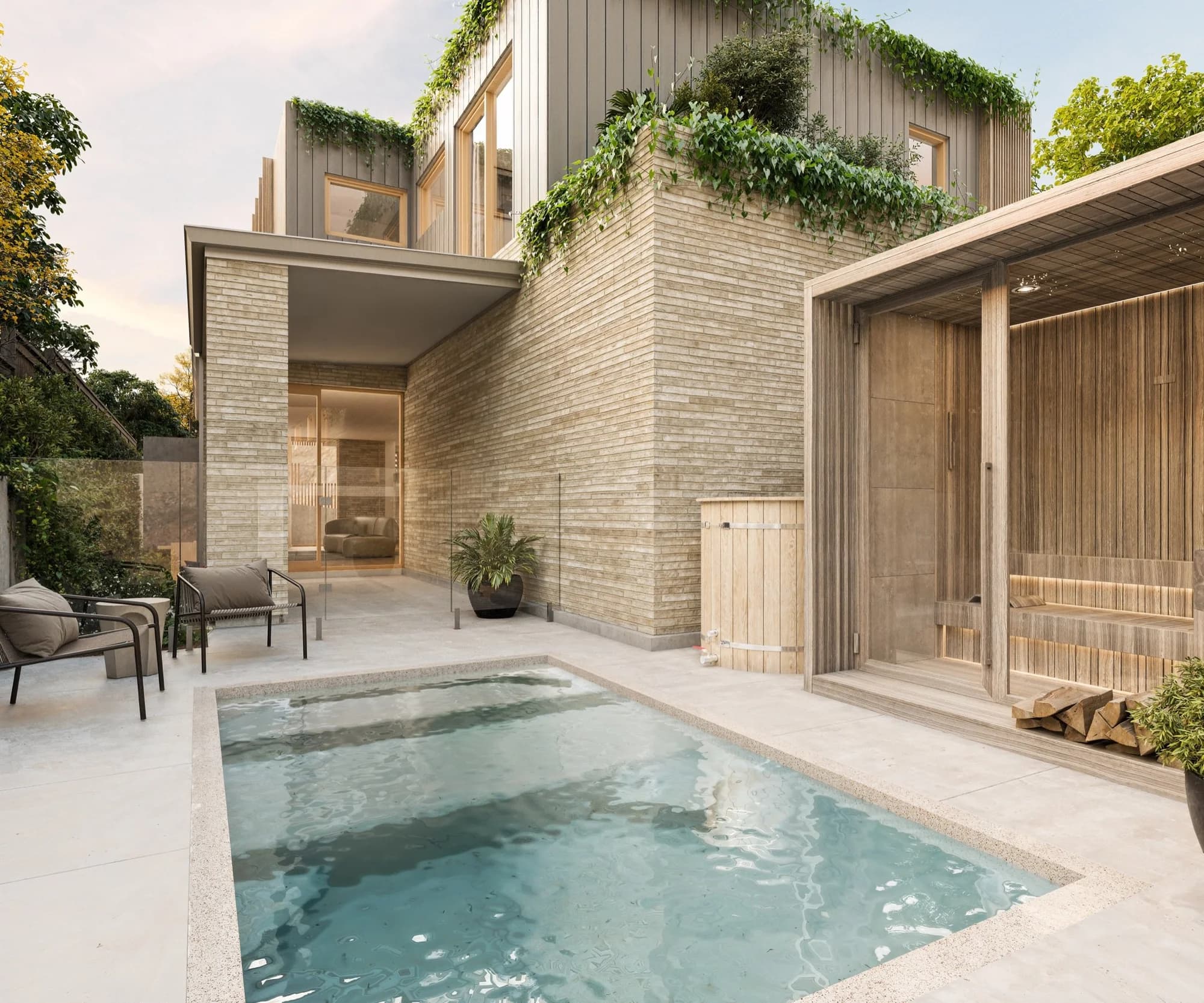 Private plunge pool, sauna and courtyard at Floe