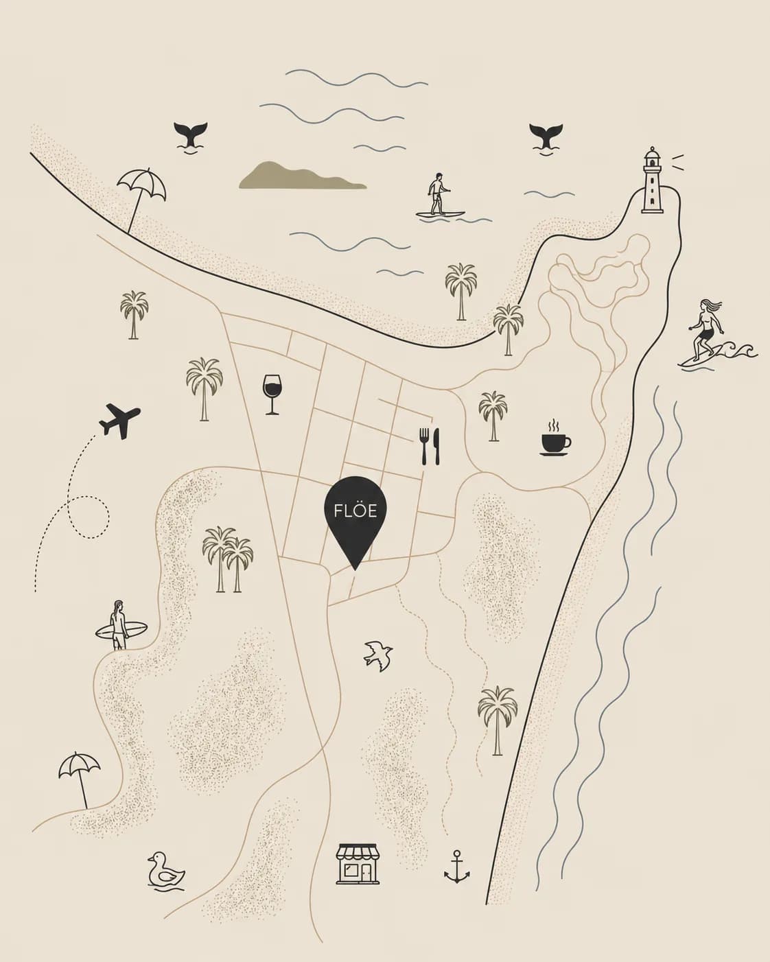 Hand-illustrated map of Byron Bay marking the Floe residences, the town grid, beaches, the Cape Byron lighthouse and surrounding landmarks